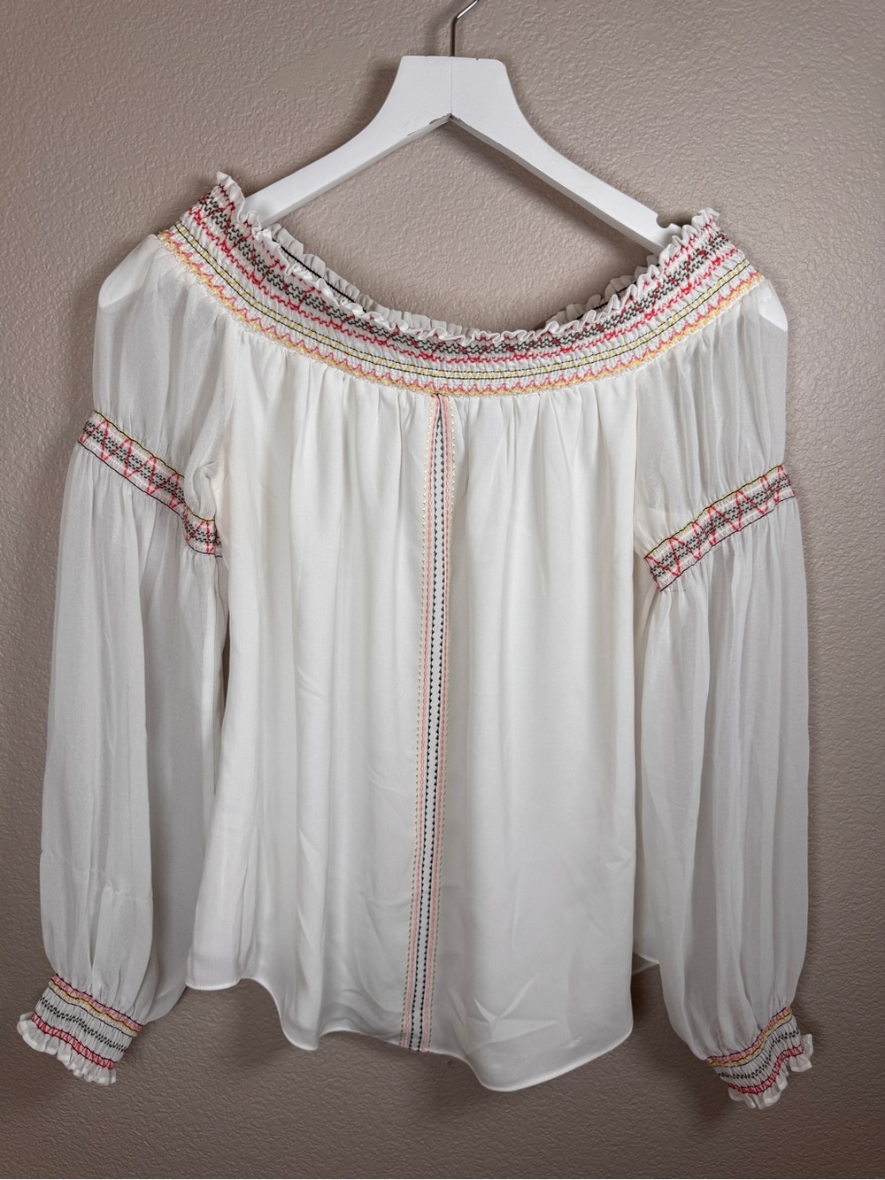 White House Black Market White Off-Shoulder Embroidered Peasant Blouse